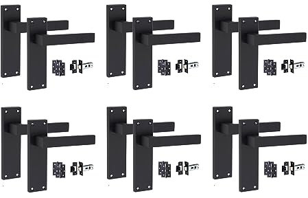 Golden Grace 6 Set of Victorian Straight Delta Handle Latch Door Handles Matt Black with 1 Pair of 3 Ball Bearing Hinges & Latches Pack Sets 150mm x 40mm Backplate
