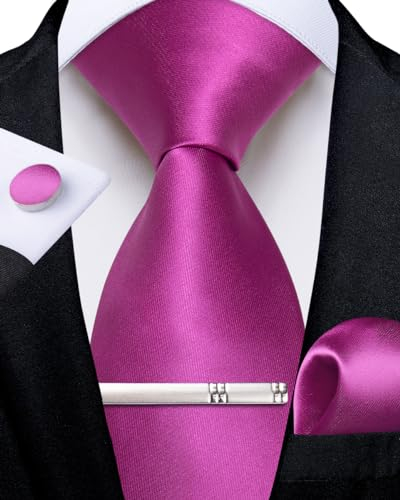 DiBanGu Magenta Krawatte für Herren Seide Anilinrot Einfarbig Krawatte und Einstecktuch Krawattenklammer mit Manschettenknöpfen für Hochzeit Party