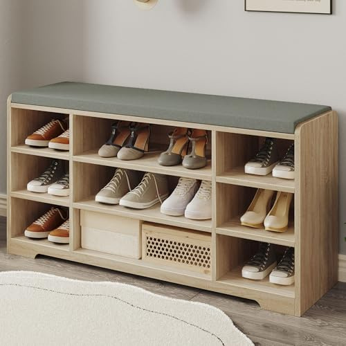Hzuaneri Schuhbank mit Sitzfläche, Weißeiche, 9 Fächer, 30x103x52,7cm | Schuhregal, Sitzbank mit Stauraum, Kissen, verstellbare Ablagen, für Wohnzimmer, Flur, Schlafzimmer SB10016GY