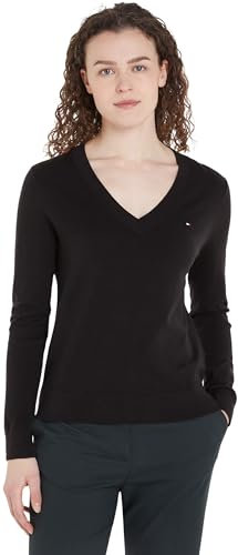 Tommy Hilfiger Damen Pullover Jersey V-Neck Strickpullover, Schwarz (Black), XXS