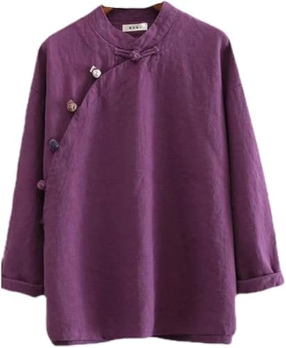 Chemisier chinois Ramie pour femme - Coton et lin - Chemise Hanfu d'été traditionnelle - Costume de méditation avec manches longues - Tunique rétro - Costume de méditation, violet, M