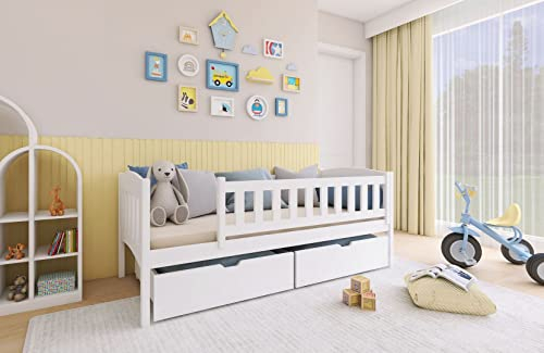 Muebles Slavic Cama Infantil Bambi 90x200cm, Cama para niños, Cama con barandilla, Cama Infantil con cajones, Color Blanco, Madera de Pino (Sin colchón)