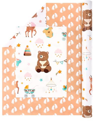 Rouleau de papier cadeau pour bébé - 1 rouleau 43 cm x 10 m papier cadeau réversible pour anniversaire