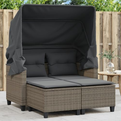 Willood Gartensofa 2-Sitzer mit Dach und Hockern Grau Poly Rattan Outdoor Sofa Gartenmöbel, Garten Lounge Set Terrasse, Terrassenmöbel Zweisitzer,mit Vordach