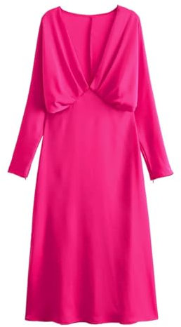 Vestidos largos de satén para mujer, de manga larga, para oficina, vestido de calle para mujer, fucsia, L