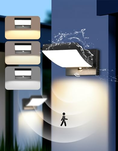 GeyouLux 24W Außenleuchte mit Bewegungsmelder, 192 LED Wandleuchte 3CCT Farbtemperaturen, IP65 Wasserdichte Aluminium Aussenlampe Wand, 3000LM Außenlampe, Wandlampe Aussen für Garten Terrasse, Schwarz