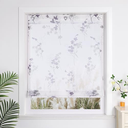 Yujiao Mao Ösenrollo mit Blumendruck modern landhausstil halbtransparenter Raffrollo mit hakenaufhängung für Fenster 1 Stück, violett BxH 80x140cm