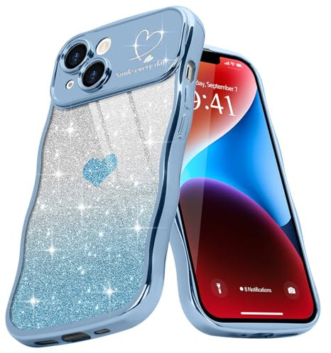 Teageo Cute Heart Pattern Curly Phone Case for iPhone 14, Wave Frame Glitter Case for Girls Women Aesthetic Bling Cover Shockproof Soft TPU Bumper for iPhone 14, Blue