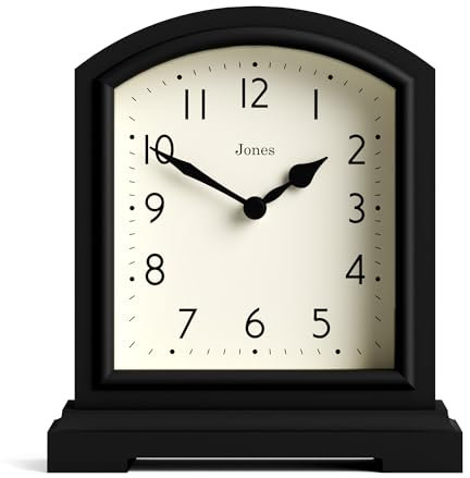 JONES CLOCKS® Tavern kaminuhr | Modernes Design der bogenplatte | Schwarz | Zeitgenössischer klassischer Stil für Schreibtisch, Tisch, Regal oder nachttisch