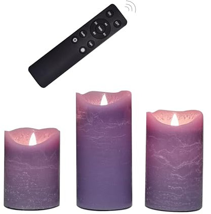 CANDLE CHOICE Real Wax Battery Operated Flameless Candles with Remote Automatic Daily Cycle Timer Realistic Flickering Electric LED Pillar Wedding Party Holiday Decoration 3 Pack Rustic Texture Purple