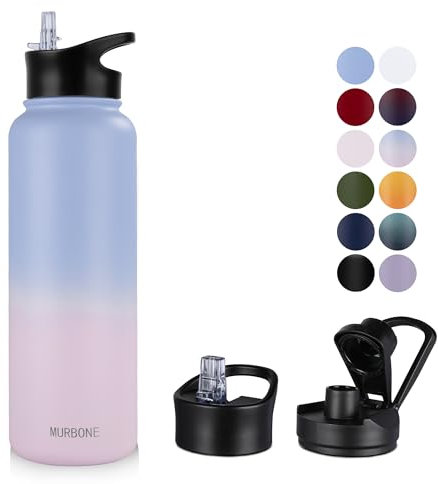 MURBONE Gourde en Acier Inoxydable 1.2L(+2 Bouchons) avec Paille Amovible,Bouteille Isotherme Sans BPA Thermos Double Paroi Sous Vide Étanche,anti-fuite,pour le Sport et Voyage
