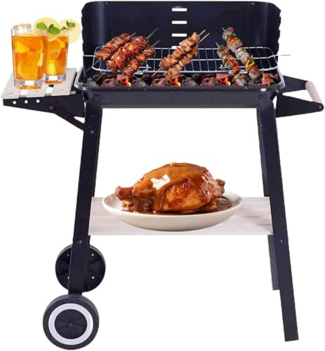 Charcoal BBQ Grill Trolley – Portable Outdoor Barbecue with Wheels, Side Shelf & Storage Tray, 5-Level Adjustable Steel Rack – Garden, Patio, Balcony & Camping BBQ Smoker, Home Cooking Parties – Meown