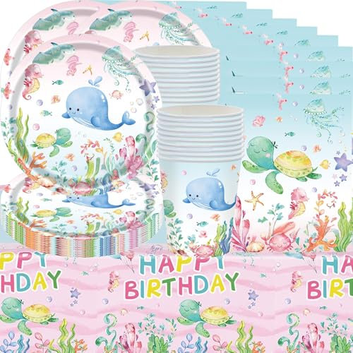 61Piezas de Vajilla Submarina para Fiestas con Temática Oceánica, incluidos Platos, Vasos, Servilletas y manteles, adecuada para una fiesta de 20 niños