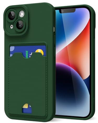 oakxco for iPhone 14 Case with Card Holder, Cute Silicone Wallet Phone Case with Credit Card Slot, Soft Rubber Thin Slim Purse for Women Men with Shockproof Camera Cover Protection, Dark Green