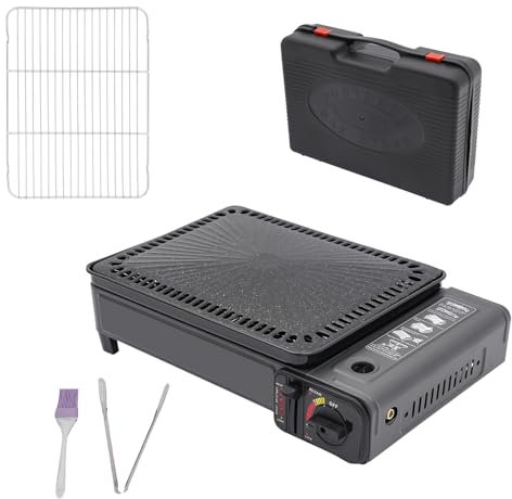 Barbacoa de gas butano para camping, barbacoa de gas pequeña con red de barbacoa, bandeja para hornear, cepillo, pinza para alimentos y maletín de transporte, juego de barbacoa de camping, cocina de