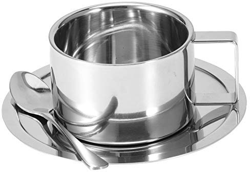 Nikou Set di 3 Tazze da Caffè in Acciaio Inox 304, Tazza da tè al latte con doppio strato di isolamento, Cucchiaio, Piattino, Forniture da Cucina, Argento, 200ml