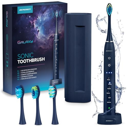 Berdsen Elektrische Zahnbürste - Schallzahnbürste - 6 Putzmodi - 3 Intensitätsstufen - 3 Bürstenköpfe - Reiseetui - Marineblau