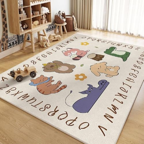 Teppich Krabbeldecke Rutschfest Spielmatte Baby Krabbelmatte Mädchen Jungen Waschbar Spielteppich Rechteckig Kinderzimmer Boden Teppichmatte Flächenteppich Cartoon Dinosaurier (Weiß, 100x120cm)