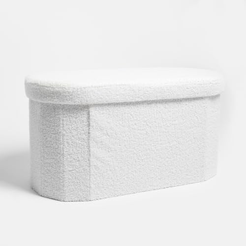 OHS Ottoman Storage Box Bouclé Lozenge Padded Foldable Bench, Stylish Upholstered Ottoman Storage Bench with Hidden Storage For Living Room & Bedroom, White