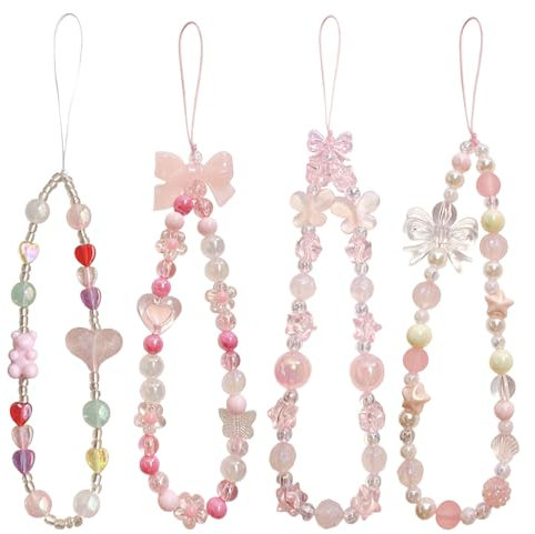 LunarCharm 4 pièces Rose Porte-clés de téléphone, lanière de téléphone douce en perles, dragonne, porte-clés de téléphone esthétique, porte-clés mignon pour femme, accessoire de sac