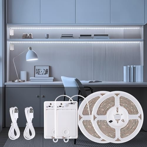 LED Streifen mit Bewegungsmelder 2 Stück, 90 LED Strip 3M mit Wiederaufladbar Batterie, Kaltweiß Wiederaufladbar Lichtband mit Bewegungssensor, LED Strips, LED Band für Treppen Küche Kleiderschrank
