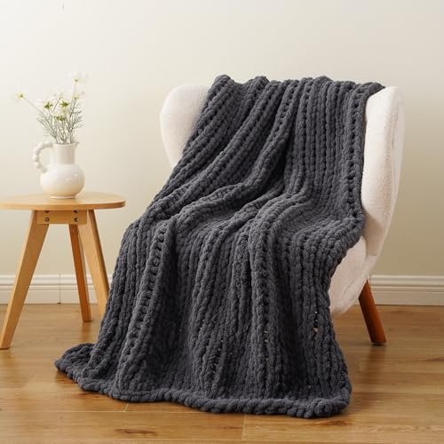 Battilo Chunky Knit Blanket Throw Dark Grey Knitted Sofa Throw 125x150cm | Handmade Cable Knit Crochet Blanket, Soft Thick Large Rope Knot Throw Blankets for Bed Home Decor
