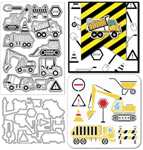GLOBLELAND Baumaschinen Klare Stamps und Metall Stanzschablone Verkehrsmittel Silikonstempel Stanzschablone PET Malschablonen Für Kartenherstellung DIY Scrapbooking Bastelalben Zubehör