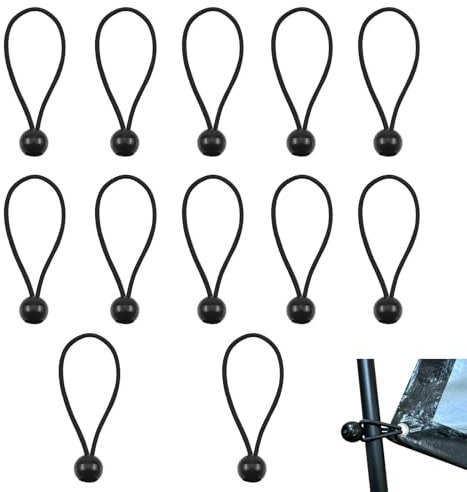 12 PCS Bungee Cords with Balls, Tarpaulin Bungee Balls, Ball Bungee Cords, Tarpaulin Fasteners, For Marquees, Tents Banners, Tent Poles, Flag Poles, Camping Tarp(Black)