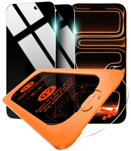 OMOTON Privacy Screen Protector for iPhone 17 Pro Max [Auto-Align Installation], Tempered Glass with 9H+ Hardness & 12FT Military Grade Shatterproof, 100% Anti-Spy, Full Coverage Protection, 2 Pack