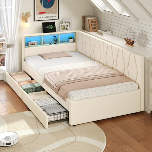 BTM Single Bed with 2 Storage Drawers, LED Modern Daybed with Charging Station, 3ft-90X190cm Linen Sofa Bed for Living Room/Bedroom/Study Room, Beige (No Mattress)