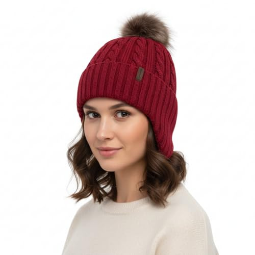 Comhats Laine mérinos doublée polaire cache-oreilles chaud pompon mode temps froid bonnet femmes