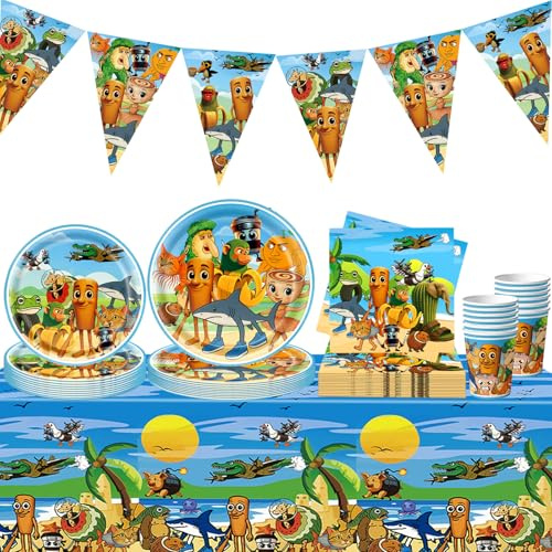 AUNGKWANG 61 Piezas Tung Tung Tung Sahur Vajilla para Fiestas, Vajilla de Fiesta Para Niños - Platos, Vasos, Servilletas, Bandera Triangular, Manteles, Decoraciones de Cumpleaños, 10 Posición