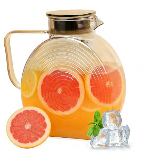 Yuragim 2,5L Glaskaraffe mit Deckel und Griff, Borosilikat Wasserkaraffe für Kühlschrank, Hitzebeständig Wasserkrug Groß für Eistee Saft Kaffee Milch Wein, Karaffe mit Filterdeckel Leicht zu Reinigen