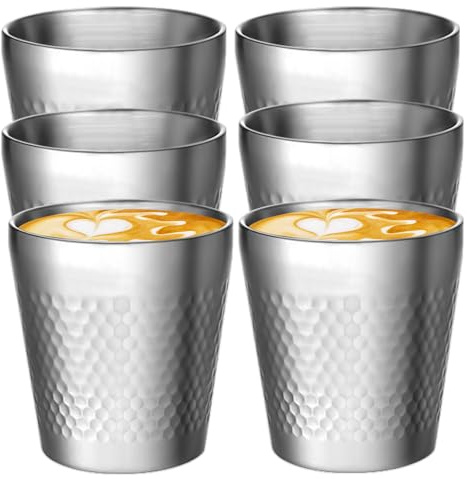 Edelstahlbecher, 6 Stück 300 Ml Edelstahl Schnapsgläser, Stapelbare Doppelwandige Metall Trinkbecher, Hammermuster Camping Tassen Für Haus, Reisen, Restaurants, Spülmaschinenfest (Silber)