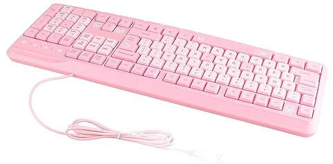 Naroote Ultradünne, Niedliche Cartoon-USB-Tastatur mit Kabel für Heim- und Büro-Laptops, Geräuschlos, Langlebig, QWERTZ-Tastatur mit Englischem Layout, Rosa, 104 Tasten, Wasserfeste für Notebooks