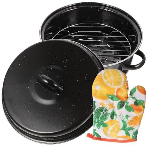 FUOYLOO Multi-Function Enamel Roaster Pan with Lid, High Temperature Resistant Roasting Pot for Home and Restaurant Use, Suitable for Chinese Chestnut and Corn Cooking, Black Kitchen