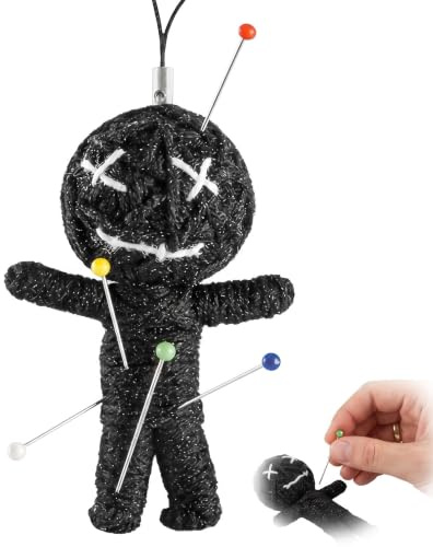 FIQLUL Voodoo Puppe mit Nadeln - Lustiges Anti Stress Geschenk für Kollegen & Kolleginnen, Witziges Büro Gadget & Scherzartikel zum Stressabbau, Ideales Mitbringsel & Halloween Deko, Schwarz