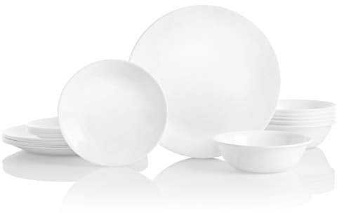 Corelle Juego de vajilla de 18 piezas, servicio blanco helada de invierno para 6, vajilla resistente a las astillas, incluye platos llanos de 26 cm, platos de ensalada de 17 cm y cuencos de sopa y