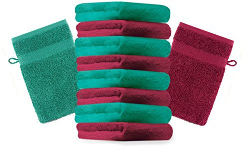 Betz 10 Stück Waschhandschuhe Premium 100% Baumwolle Waschlappen Set 16x21 cm Farbe dunkelrot und smaragdgrün