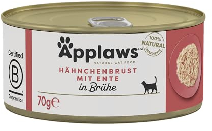 Applaws Premium Natural Katzenfutter Nass, Huhn mit Ente in Brühe 70g Dose (24x70g)