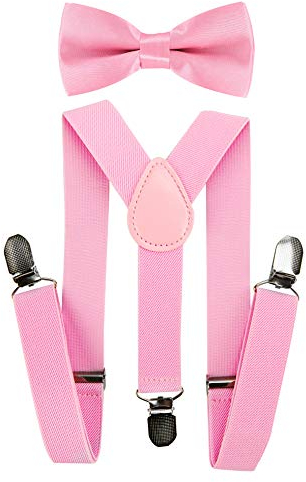 axy Hochwertige Kinder Hosenträger-Y Form mit Fliege- 3 Clips EXTRA STARK-Uni Farben (Pink)