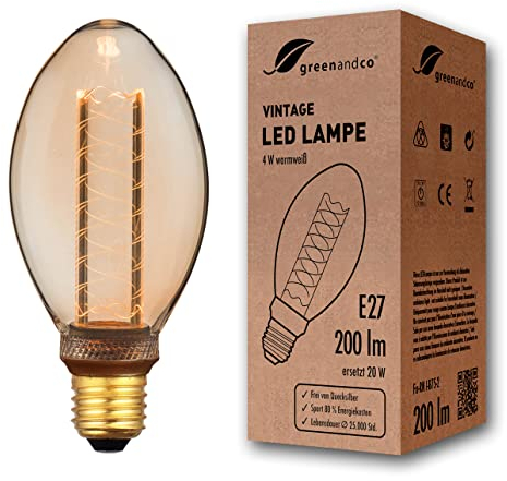 greenandco Vintage Design LED Birne zur Stimmungsbeleuchtung | E27 B75 | gold | 4W 200lm | 1800K extra warmweiß | 320° | 230V | flimmerfrei | nicht dimmbar | Edison Glühbirne