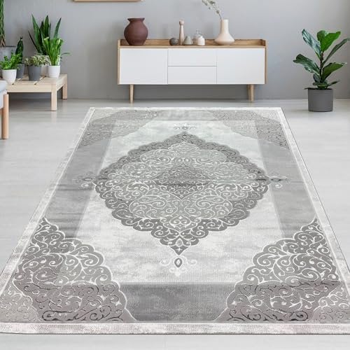 Designer Teppich Wohnzimmerteppich Ornamente barock Creme grau Größe 200 x 290 cm
