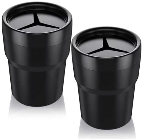 FIOTOK Car Trash Can with Lid, Mini Auto Garbage Can Leakproof Vehicle Trash Bin Fits Cup Holder in Console or Door for Automotive Car, Home, Office, Kitchen, Dinning Room 2 Packs Black