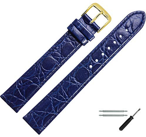 MARBURGER Uhrenarmband 14mm Leder Blau Gold XL Kroko Prägung Mit Naht - Montage Set 6811450000220
