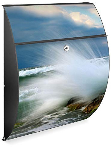 banjado Design Briefkasten - Modell Riviera 46x33,5x13cm groß - verzinkter Stahl anthrazit - Postkasten Öffnungsstopp großer A4 Einwurf Zylinderschloss 2 Schlüssel - Motiv Einsteinwelle