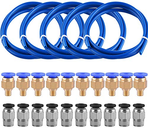 SIQUK 5 Stück PTFE Schlauch Blau Teflonschlauch(1 Meter) mit 10 Stück PC4-M6 Pneumatik-anschlussstücke und 10 Stück PC4-M10 Verbinder für 3D-Drucker 1,75 mm Filament