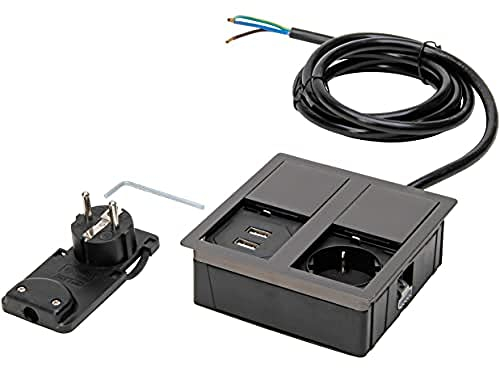 Kopp by ASA 939648018 VersaHIT Dual Einbau-/Tischsteckdose mit Tastendruck-Deckeln zum Einbau in Möbel/Arbeitsflächen, 1 x Schutzkontakt-Steckdose, 2 x USB-Anschluss, 2 m Kabel, 3400W/16A, Zinn-Optik