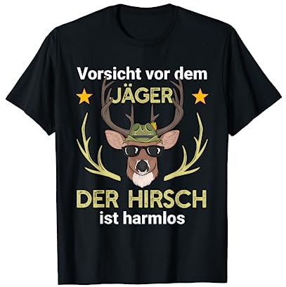 Lustige Jäger Outfits Hirsch Jäger Jagd Wald T-Shirt Schwarz S U-Ausschnitt Kurzarm Klassische Passform Polyester 100% Klassisch mit Tierdruck Cartoon Design für Jäger, Hundehalter Jungen Erwachsener