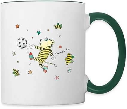 Spreadshirt Janosch Tiger Spielt Fußball Tasse Zweifarbig, One size, Weiß/Dunkelgrün